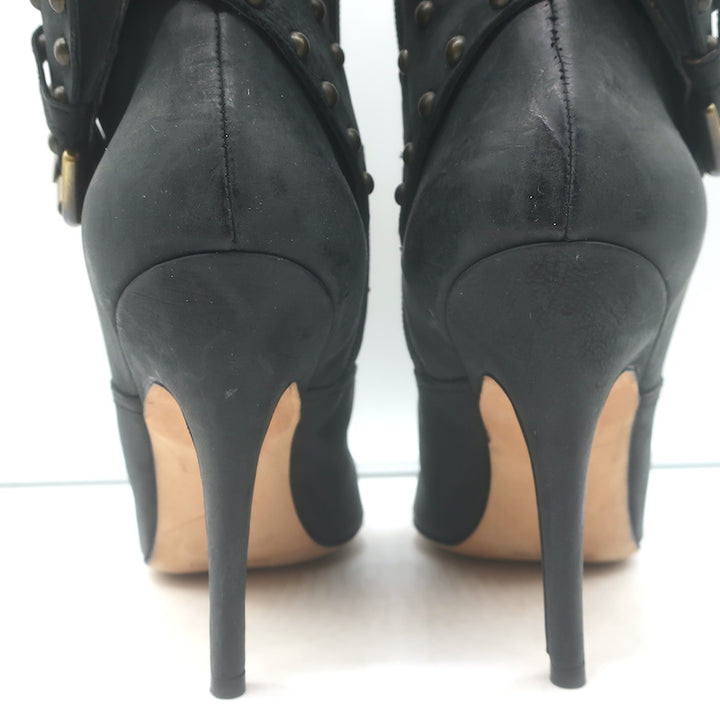 Manolo Blahnik Karo Studded Buckle Boots Black Nubuck Leather Size 39.5