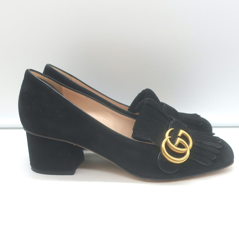 Gucci GG Marmont Fringed Suede Pumps Black Size 37.5