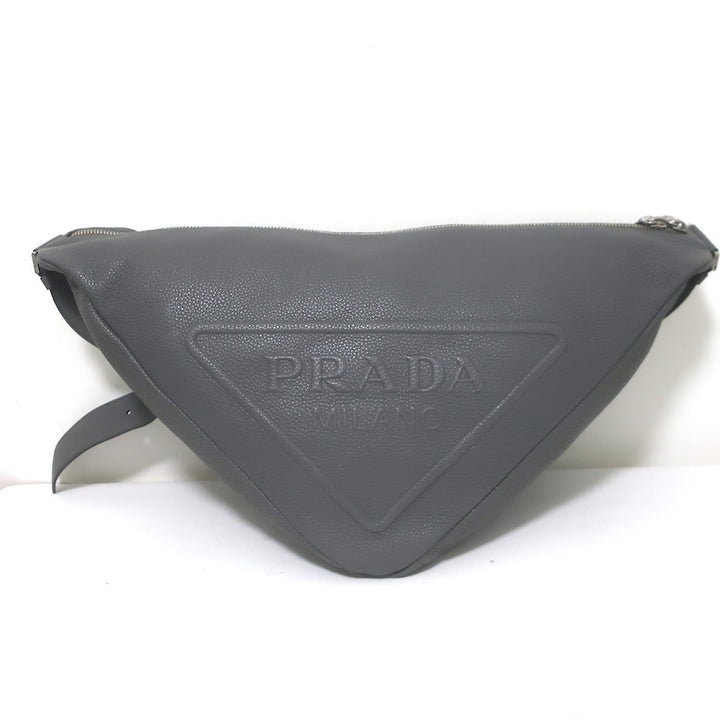 Prada Large Triangle Bag Gray Grained Leather NEW