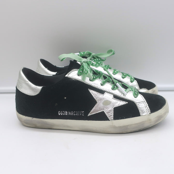 Golden Goose Archive Sneakers Black Suede &amp; Silver Metallic Leather Size 36 NEW