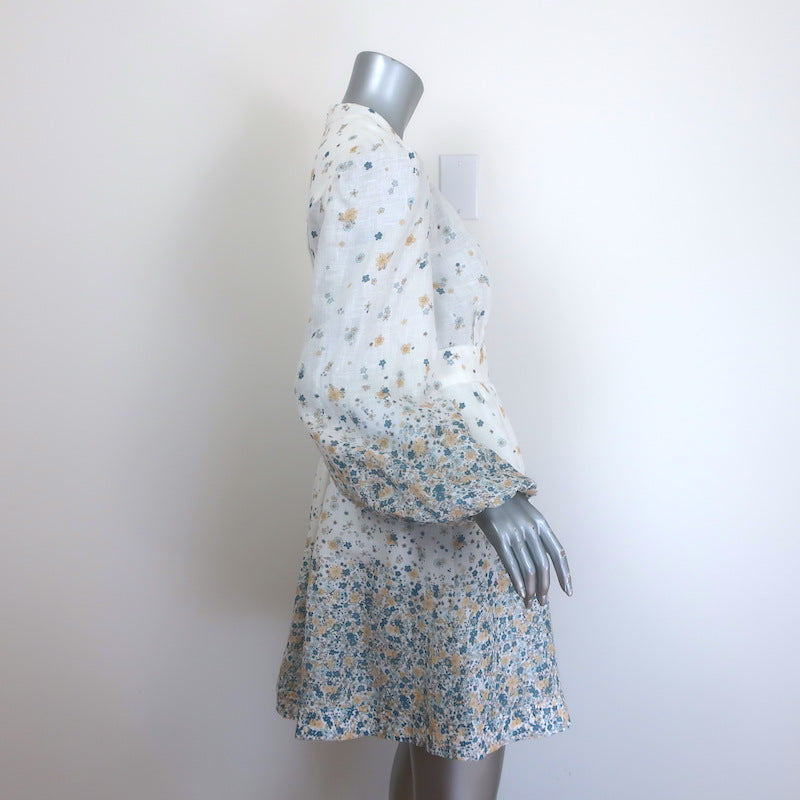 Zimmermann Carnaby Puff Sleeve Mini Dress White Ditsy Floral Print Linen Size 1