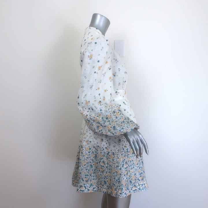 Zimmermann Carnaby Puff Sleeve Mini Dress White Ditsy Floral Print Linen Size 1
