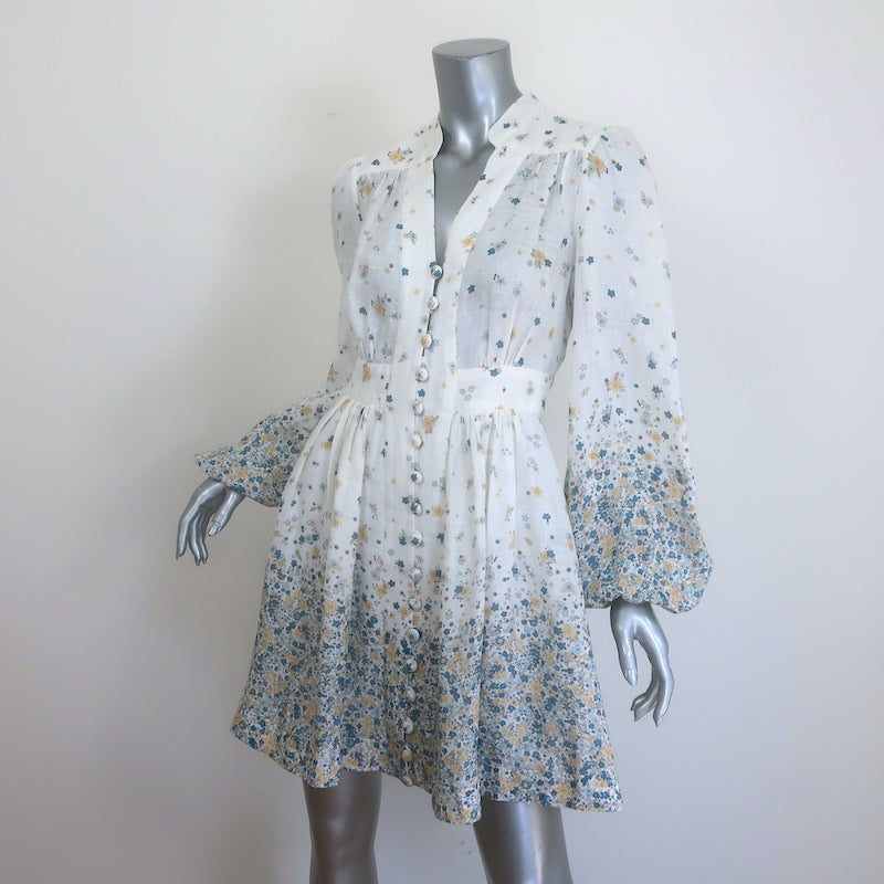 Zimmermann Carnaby Puff Sleeve Mini Dress White Ditsy Floral Print Linen Size 1