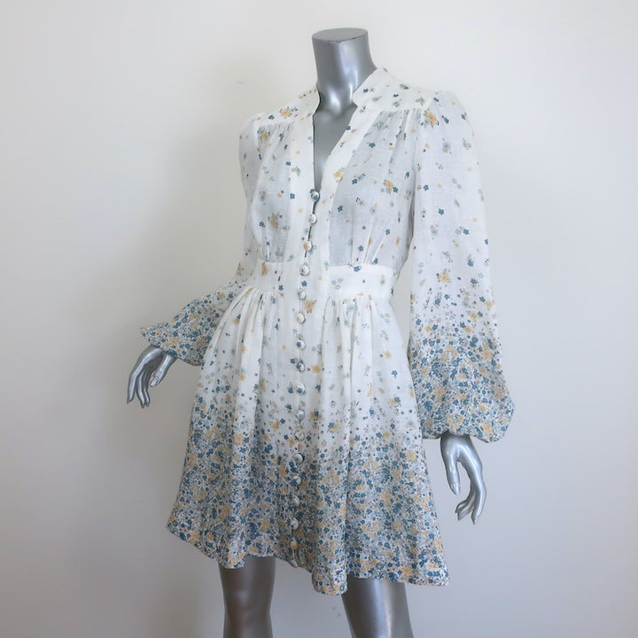 Zimmermann Carnaby Puff Sleeve Mini Dress White Ditsy Floral Print Linen Size 1