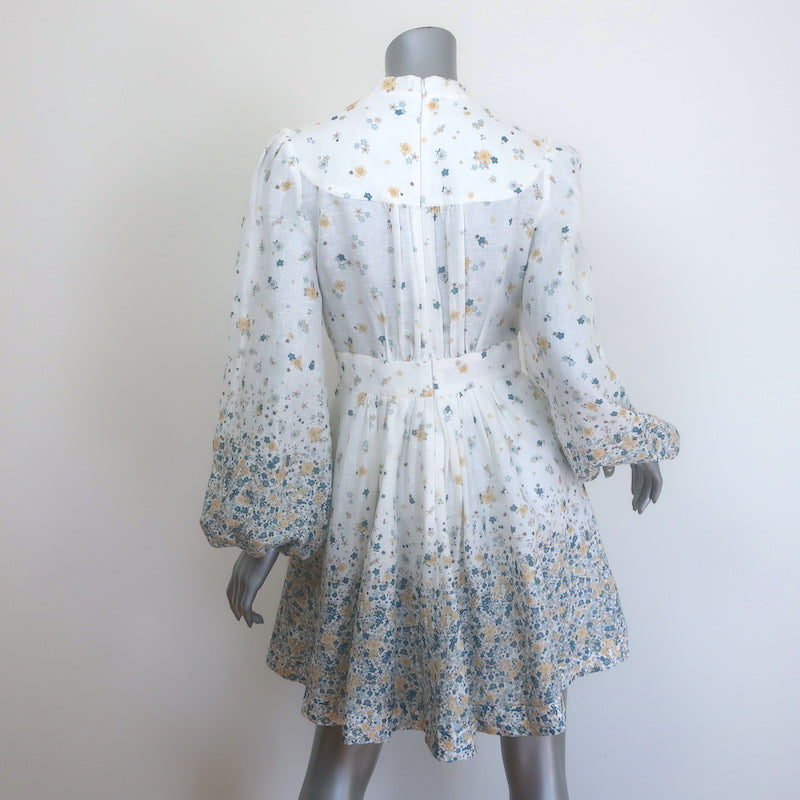 Zimmermann Carnaby Puff Sleeve Mini Dress White Ditsy Floral Print Linen Size 1