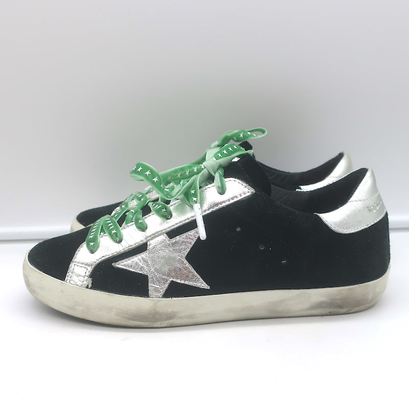 Golden Goose Archive Sneakers Black Suede &amp; Silver Metallic Leather Size 36 NEW