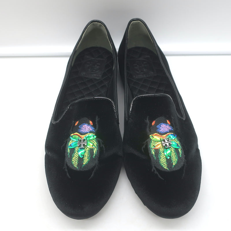 Tory Burch Easton Scarab Smoking Slippers Black Velvet Size 10 Slip-On Flats