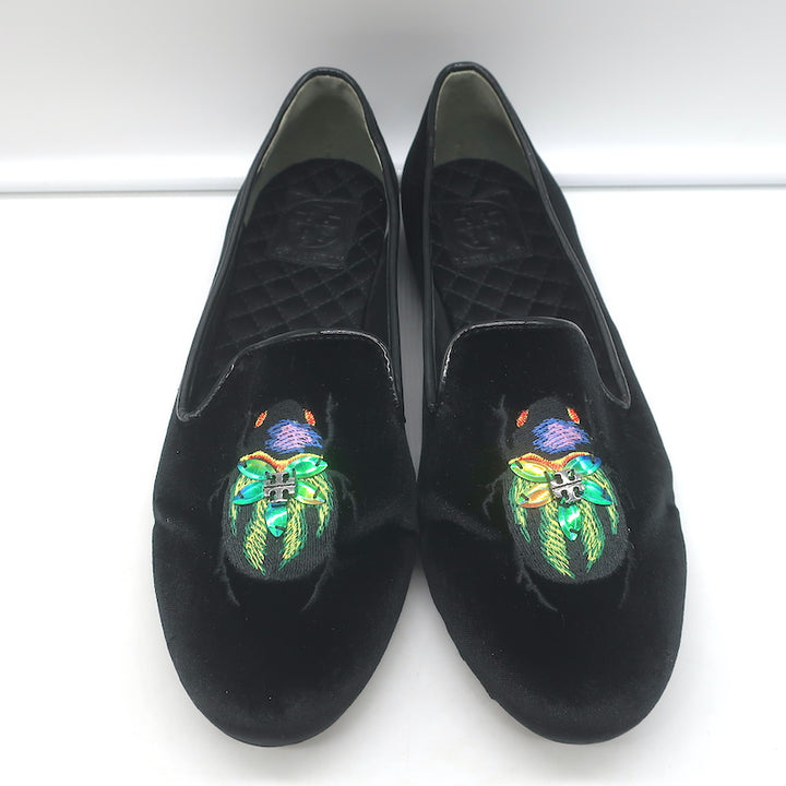 Tory Burch Easton Scarab Smoking Slippers Black Velvet Size 10 Slip-On Flats