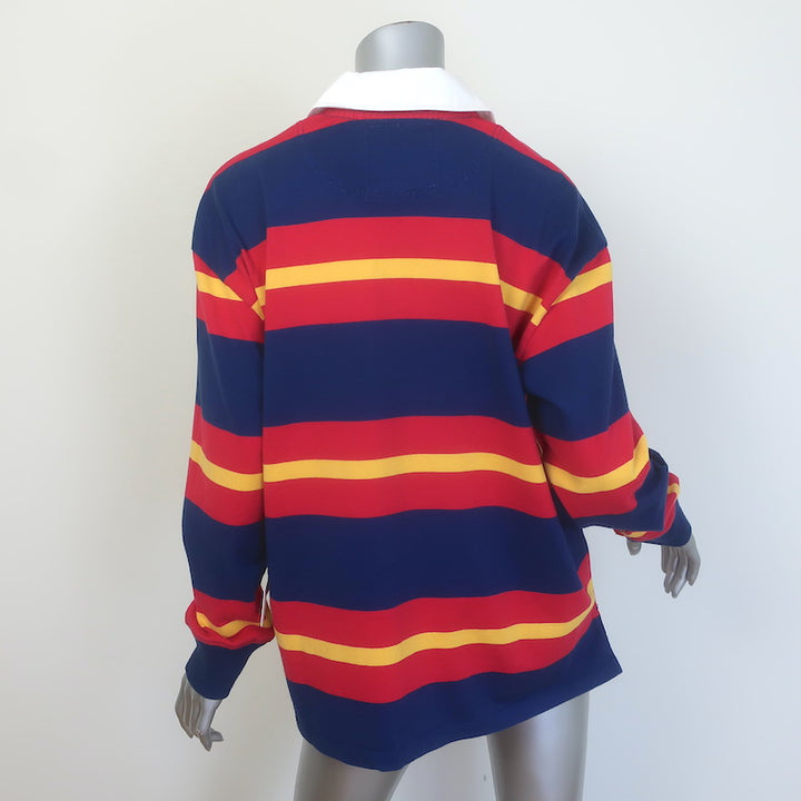 MOTHER The Long Sleeve Huddle Striped Polo Shirt Navy/Red Size Medium NEW