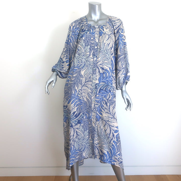 Natalie Martin Alex Midi Dress Blue/Cream Leaf Print Silk Satin Size Extra Small