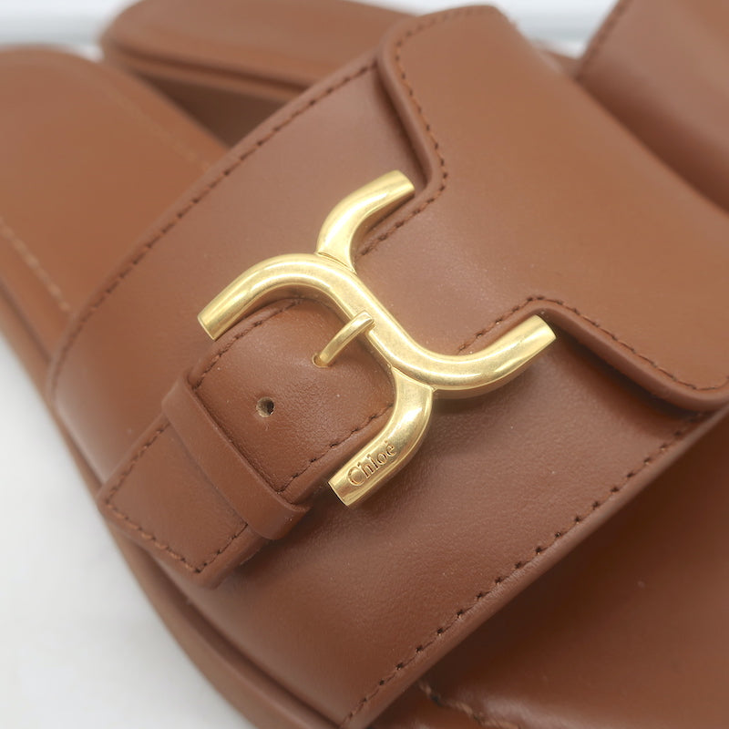 Chloe Marcie Buckled Slide Sandals Brown Leather Size 38 NEW