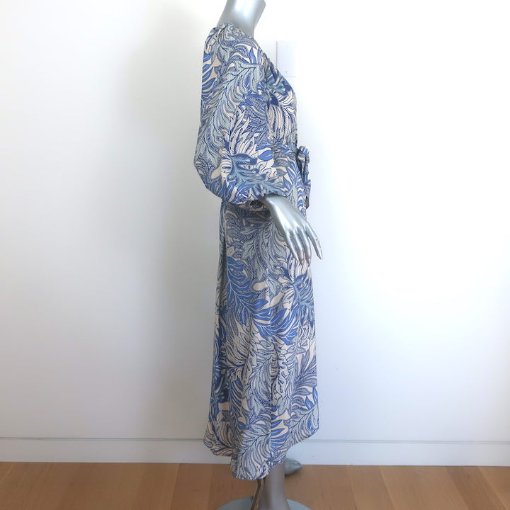 Natalie Martin Alex Midi Dress Blue/Cream Leaf Print Silk Satin Size Extra Small
