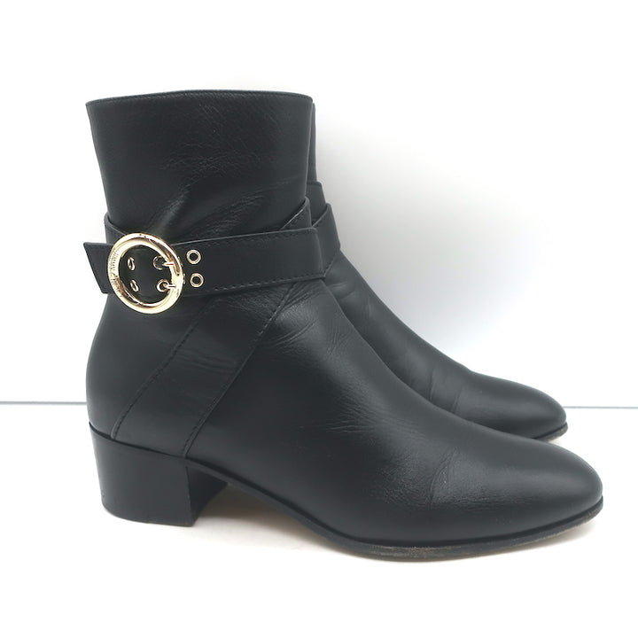 Jimmy Choo Blanka Wraparound-Buckle Ankle Boots Black Leather Size 38.5