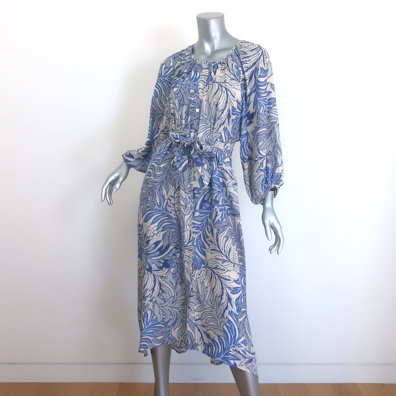 Natalie Martin Alex Midi Dress Blue/Cream Leaf Print Silk Satin Size Extra Small