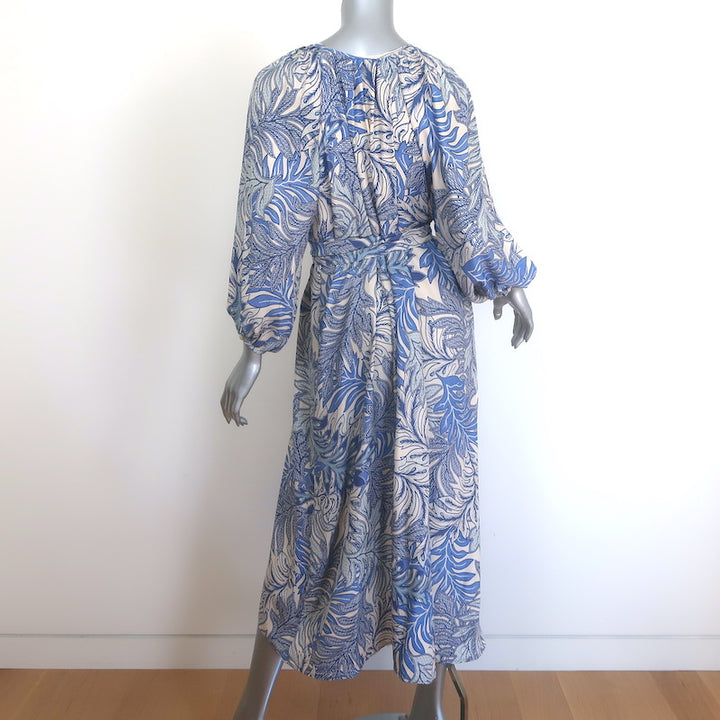 Natalie Martin Alex Midi Dress Blue/Cream Leaf Print Silk Satin Size Extra Small