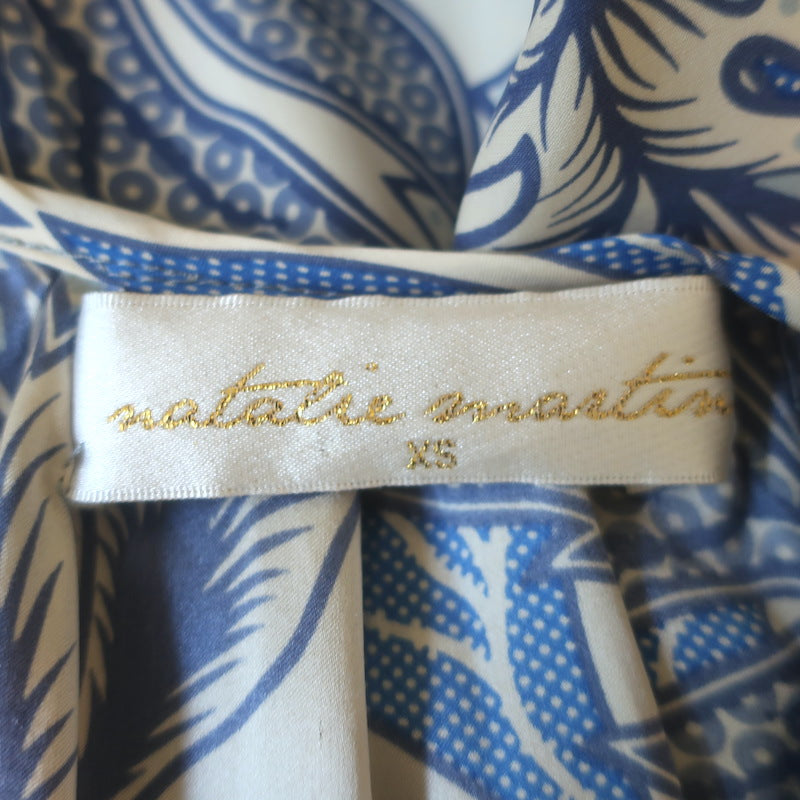 Natalie Martin Alex Midi Dress Blue/Cream Leaf Print Silk Satin Size Extra Small