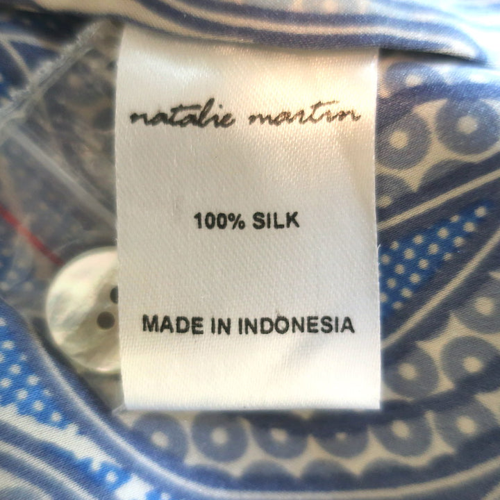 Natalie Martin Alex Midi Dress Blue/Cream Leaf Print Silk Satin Size Extra Small