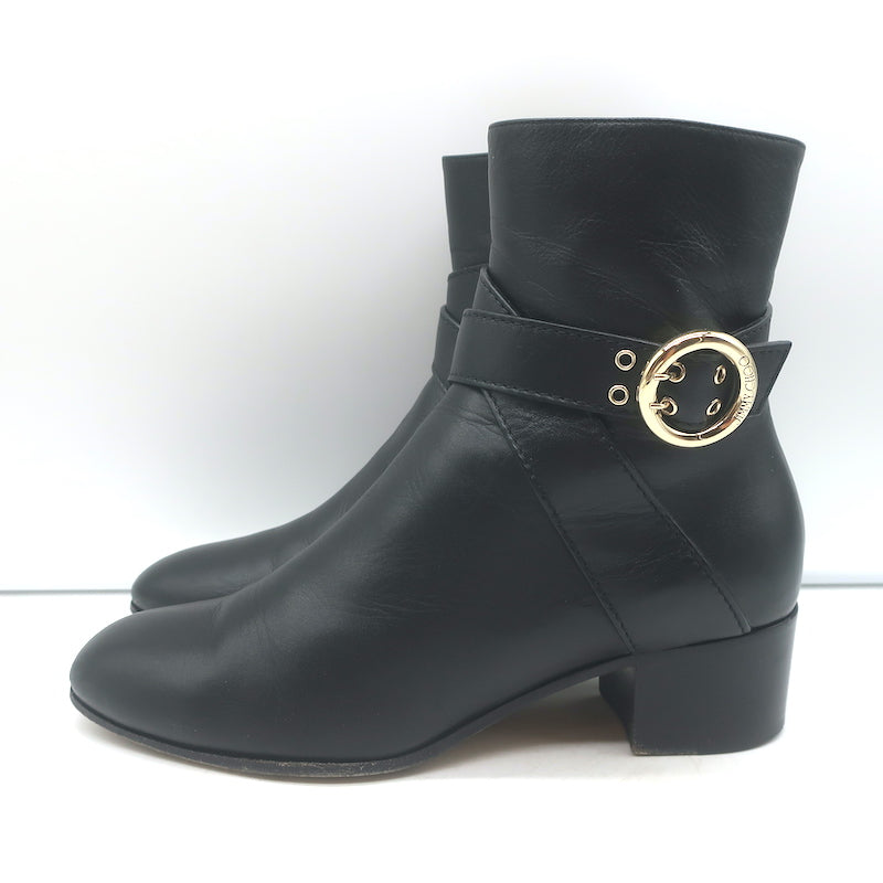 Jimmy Choo Blanka Wraparound-Buckle Ankle Boots Black Leather Size 38.5