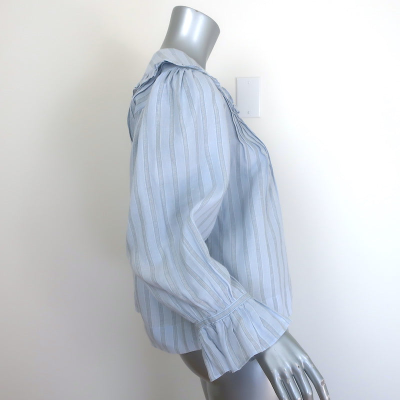 Doen Ruffled Collar Button Down Blouse Light Blue Striped Ramie Size Small