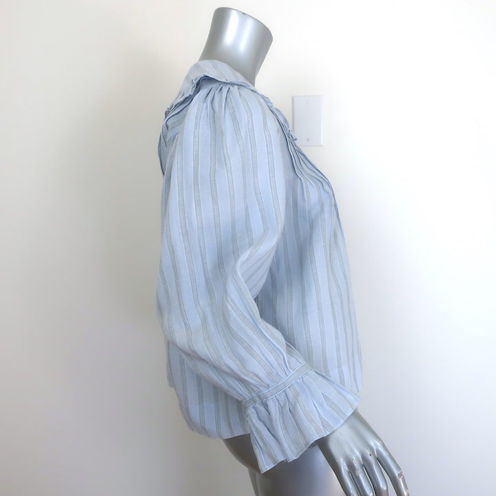 Doen Ruffled Collar Button Down Blouse Light Blue Striped Ramie Size Small