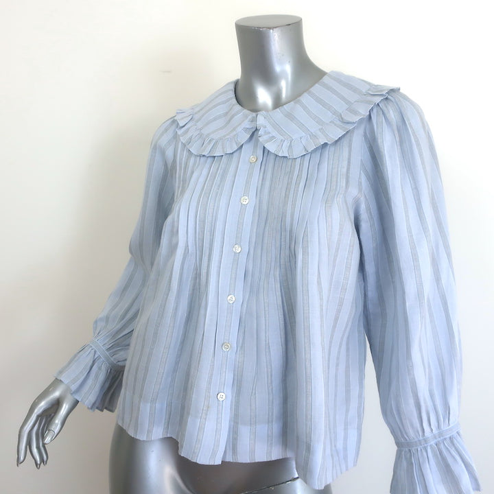 Doen Ruffled Collar Button Down Blouse Light Blue Striped Ramie Size Small