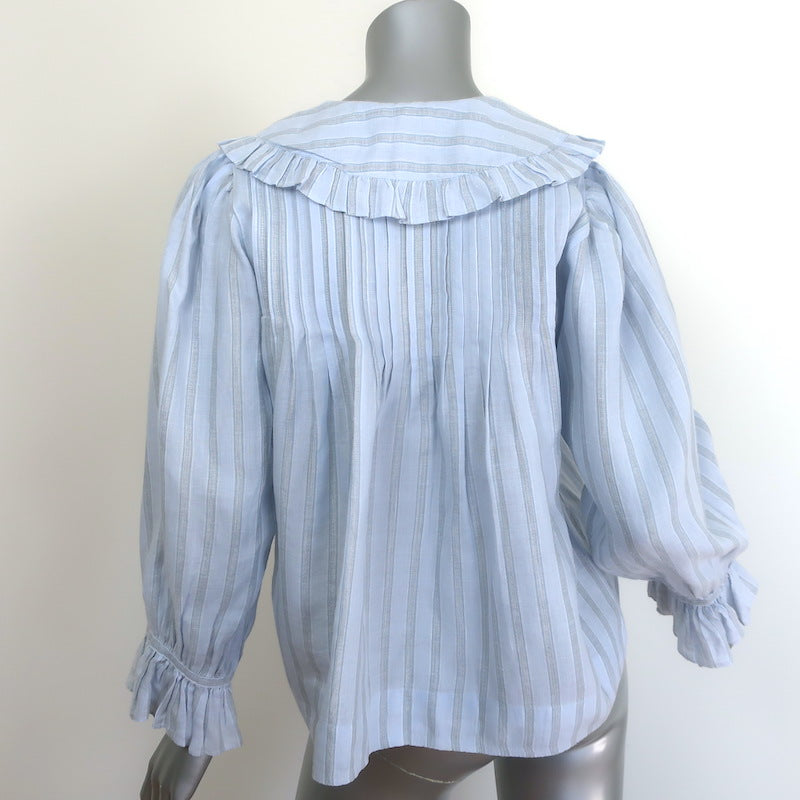 Doen Ruffled Collar Button Down Blouse Light Blue Striped Ramie Size Small