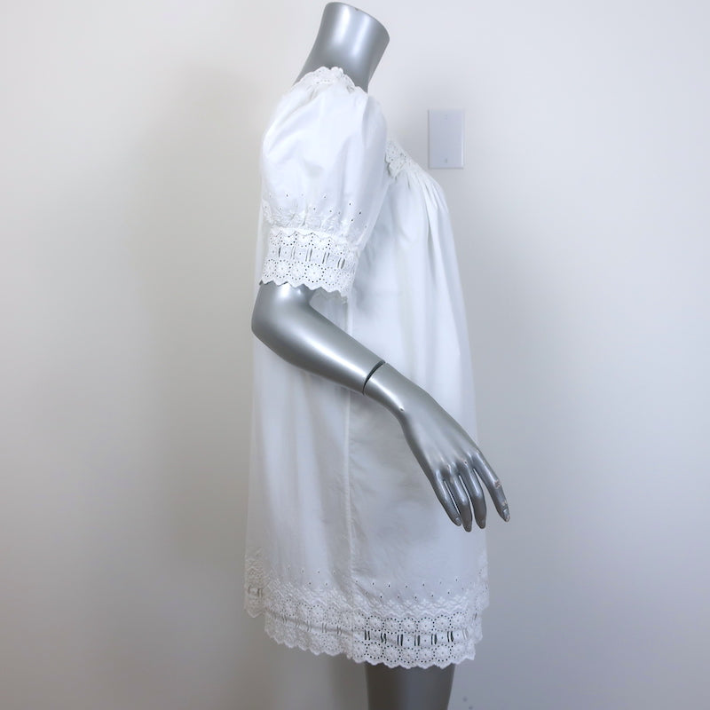 doen white mini dress DEn Net Sustain Nerona In - 40% Off tie belt complete the look Doen Sterling Eyelet-Embroidered Puff Sleeve