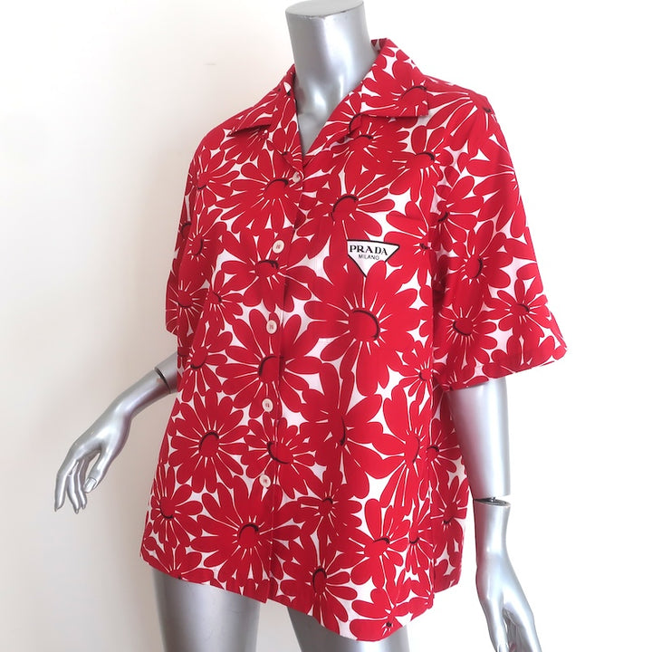 Prada Daisy Print Short Sleeve Button Down Shirt Red/White Cotton Size 42
