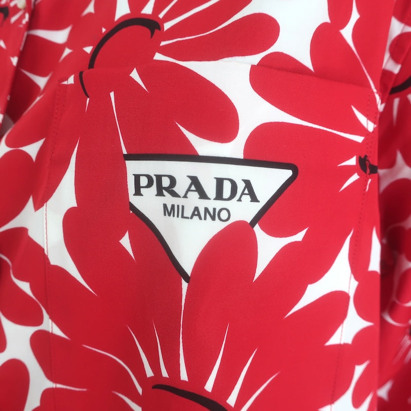 Prada Daisy Print Short Sleeve Button Down Shirt Red/White Cotton Size 42