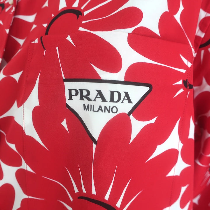 Prada Daisy Print Short Sleeve Button Down Shirt Red/White Cotton Size 42