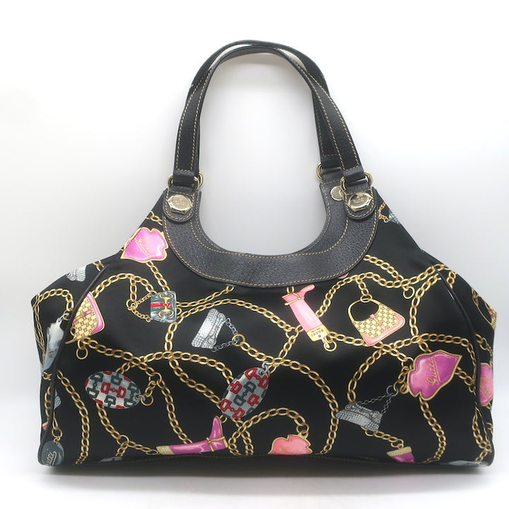 Gucci Charmy Medium Shoulder Bag Black Leather-Trim Chain Print Satin