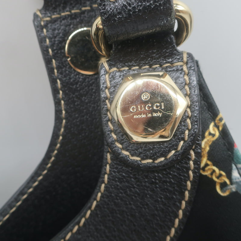 Gucci Charmy Medium Shoulder Bag Black Leather-Trim Chain Print Satin