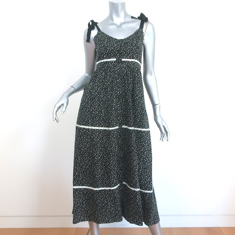 La Ligne Kate Tiered Midi Dress Black Floral Print Cotton Size Extra Small