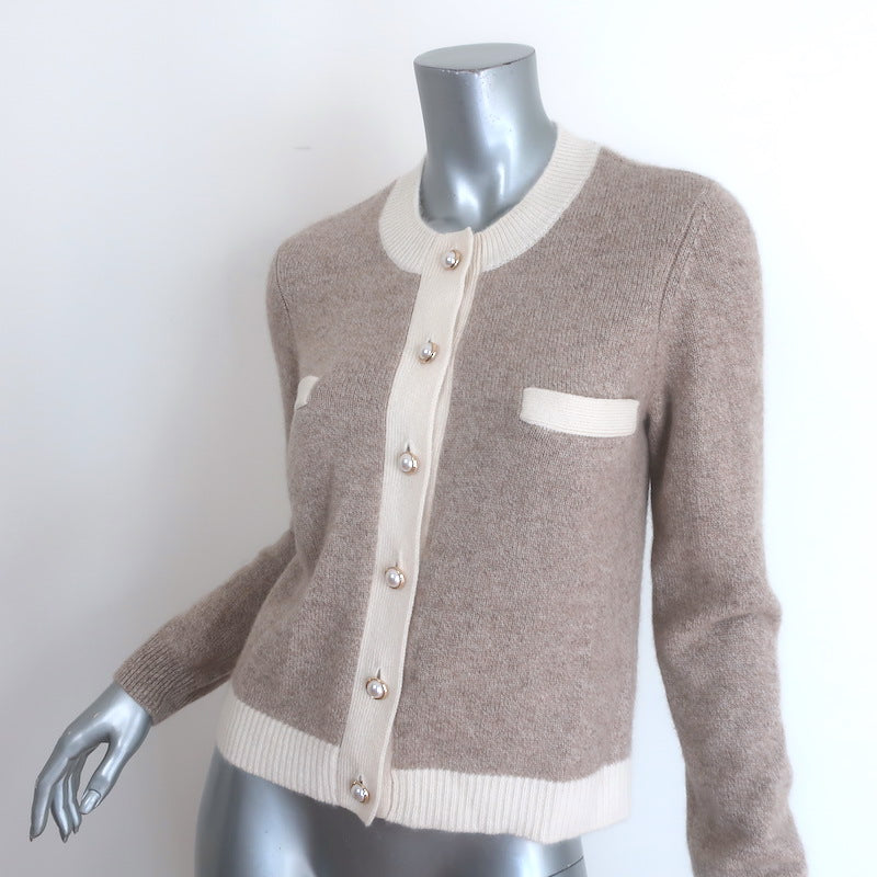 27 Miles Corrine Cashmere Faux Pearl-Button Cardigan Taupe Size Small