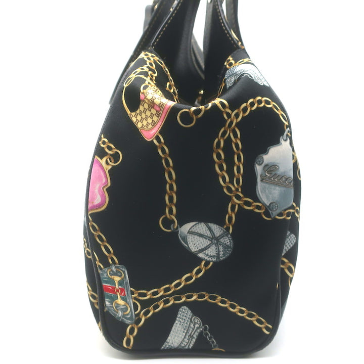 Gucci Charmy Medium Shoulder Bag Black Leather-Trim Chain Print Satin