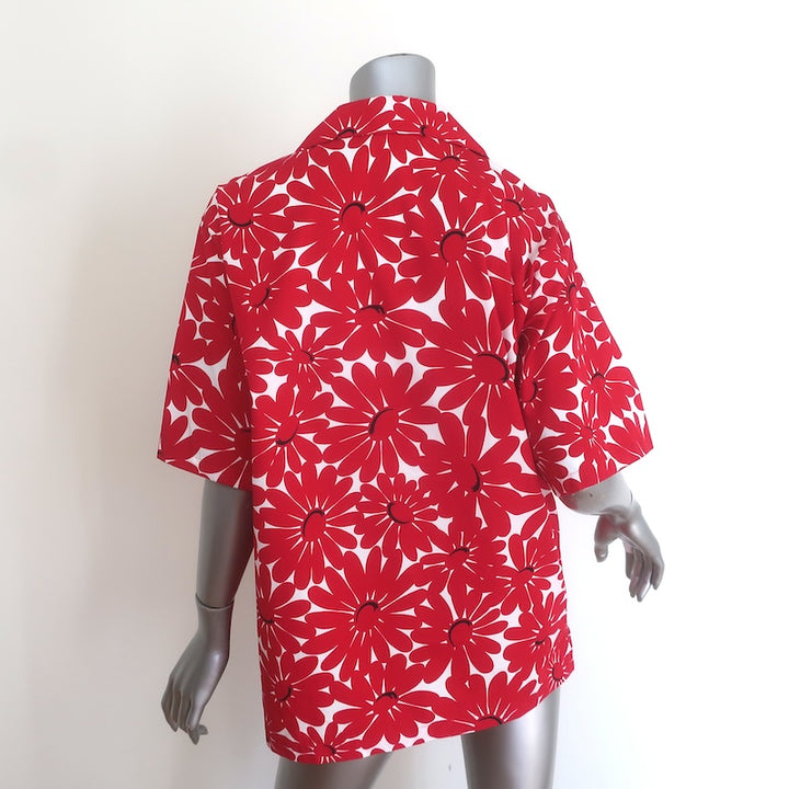 Prada Daisy Print Short Sleeve Button Down Shirt Red/White Cotton Size 42