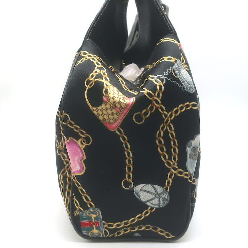 Gucci Charmy Medium Shoulder Bag Black Leather-Trim Chain Print Satin