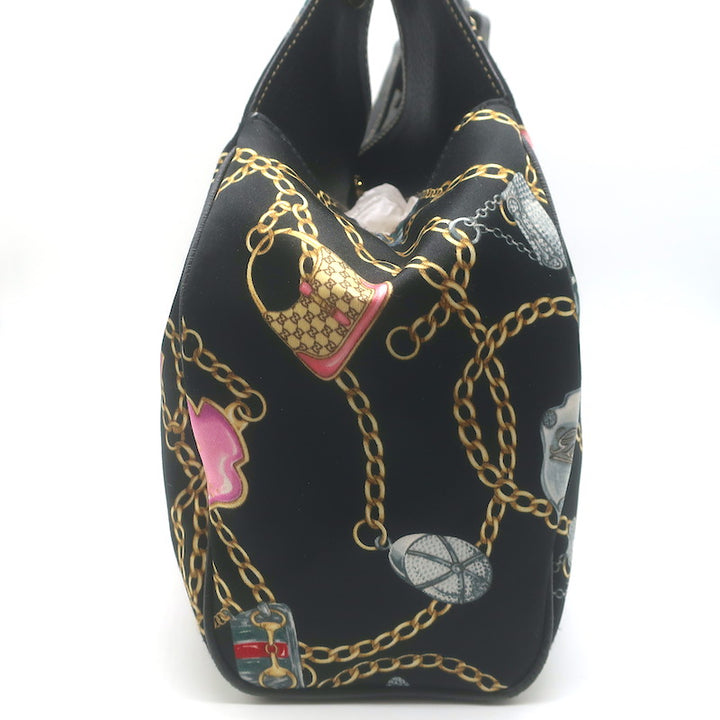 Gucci Charmy Medium Shoulder Bag Black Leather-Trim Chain Print Satin