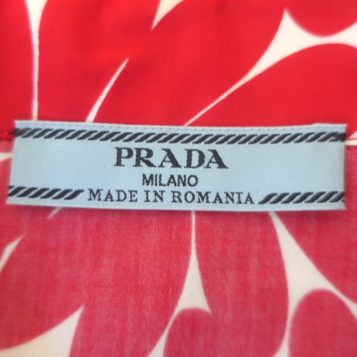 Prada Daisy Print Short Sleeve Button Down Shirt Red/White Cotton Size 42