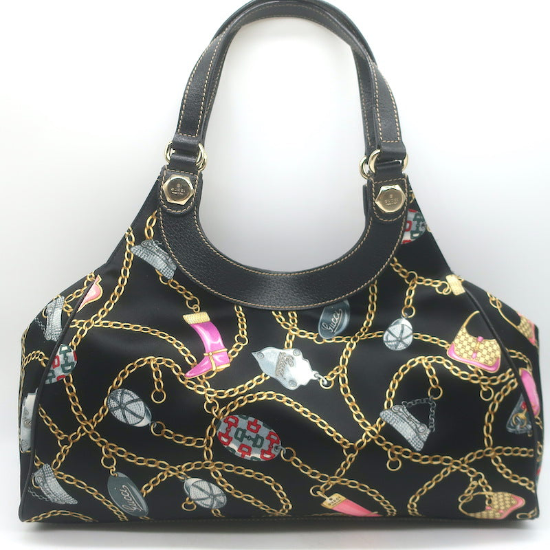 Gucci Charmy Medium Shoulder Bag Black Leather-Trim Chain Print Satin