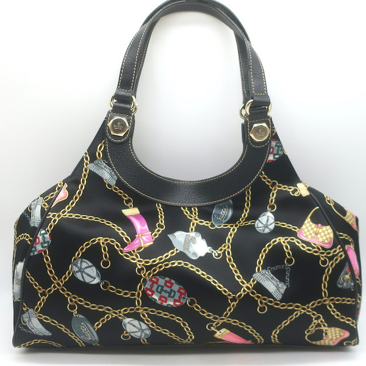 Gucci Charmy Medium Shoulder Bag Black Leather-Trim Chain Print Satin