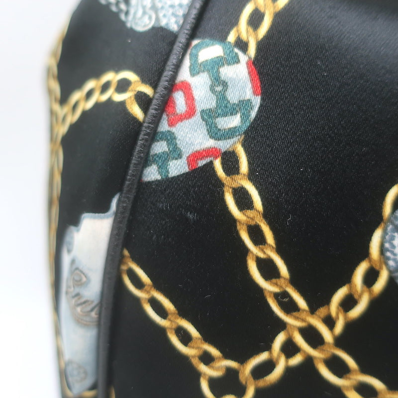 Gucci Charmy Medium Shoulder Bag Black Leather-Trim Chain Print Satin