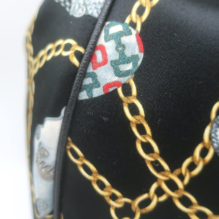 Gucci Charmy Medium Shoulder Bag Black Leather-Trim Chain Print Satin