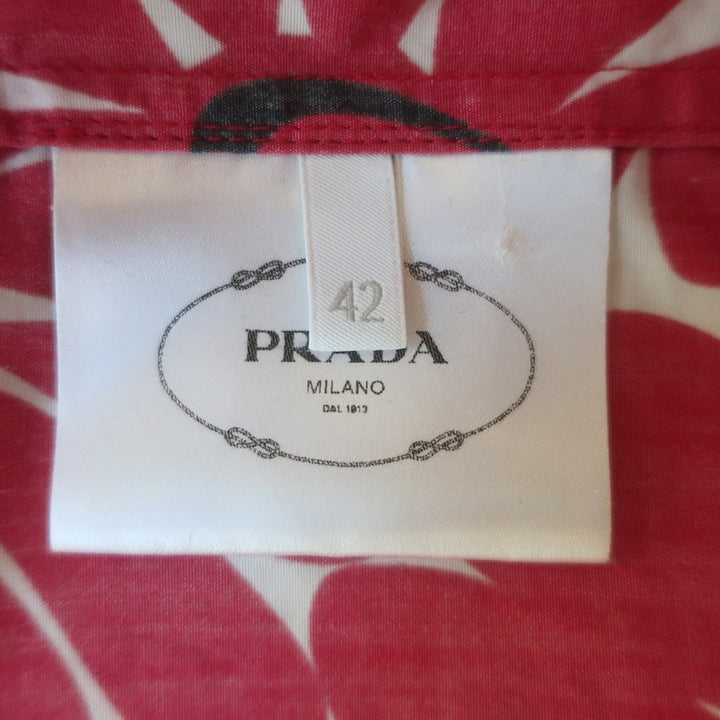 Prada Daisy Print Short Sleeve Button Down Shirt Red/White Cotton Size 42
