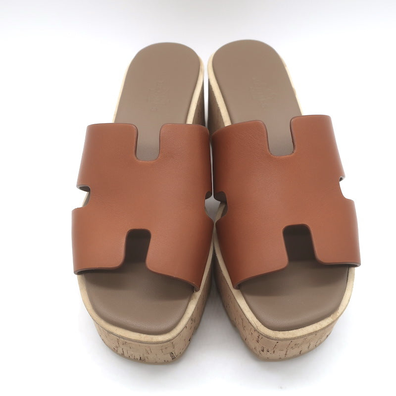 Hermes Eze 30 Cork Platform Wedge Sandals Brown Leather Size 36