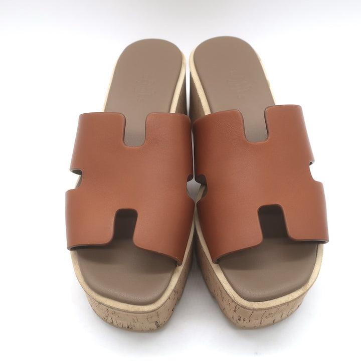 Hermes Eze 30 Cork Platform Wedge Sandals Brown Leather Size 36