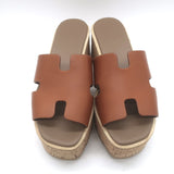 Hermes Eze 30 Cork Platform Wedge Sandals Brown Leather Size 36