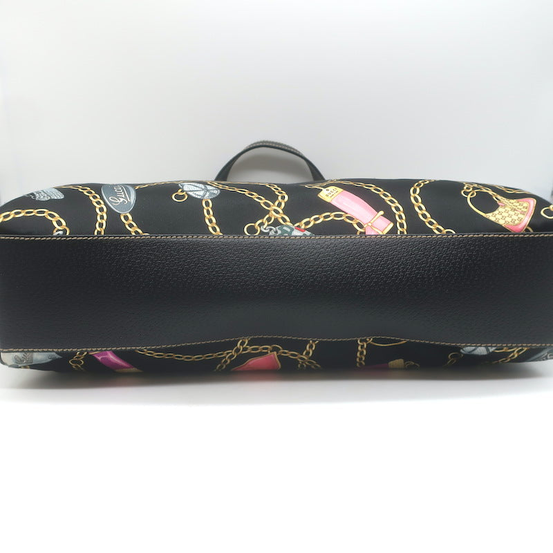 Gucci Charmy Medium Shoulder Bag Black Leather-Trim Chain Print Satin