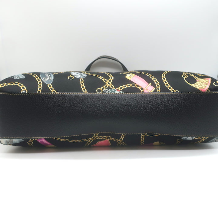 Gucci Charmy Medium Shoulder Bag Black Leather-Trim Chain Print Satin