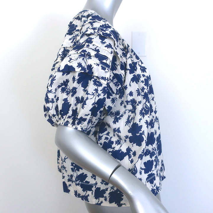 THE GREAT The Carriage Top White/Blue Floral Print Size 1 Puff Sleeve Blouse